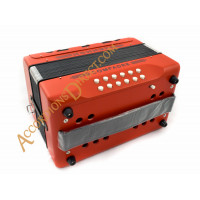 Hohner Compadre 3 row A, D, G diatonic red button accordion.  MIDI and microphone options.